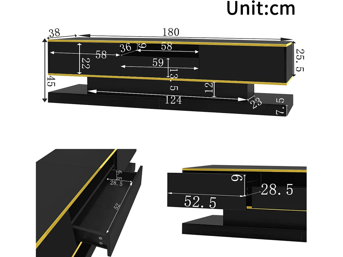 Móvel para TV moderno 180×38×45 cm - com três gavetas - com um compartimento aberto - com iluminação LED - preto