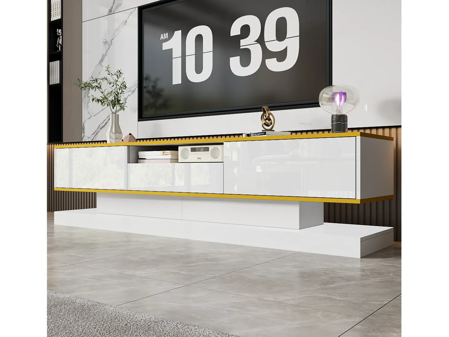 Móvel para TV moderno 180×38×45 cm - com três gavetas - com um compartimento aberto - com iluminação LED - branco
