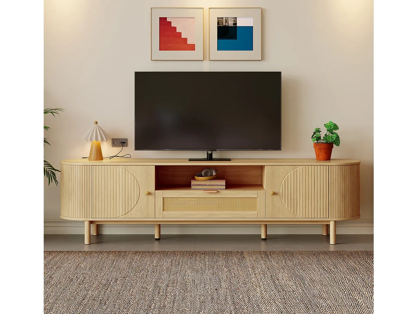 Móvel para TV moderno 175×36×51 cm - com 2 portas e 1 gaveta de vime - prateleiras abertas - natural