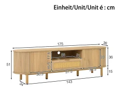 Móvel para TV moderno 175×36×51 cm - com 2 portas e 1 gaveta de vime - prateleiras abertas - natural