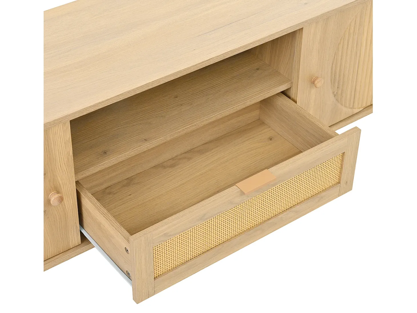 Móvel para TV moderno 175×36×51 cm - com 2 portas e 1 gaveta de vime - prateleiras abertas - natural