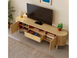 Móvel para TV moderno 175×36×51 cm - com 2 portas e 1 gaveta de vime - prateleiras abertas - natural
