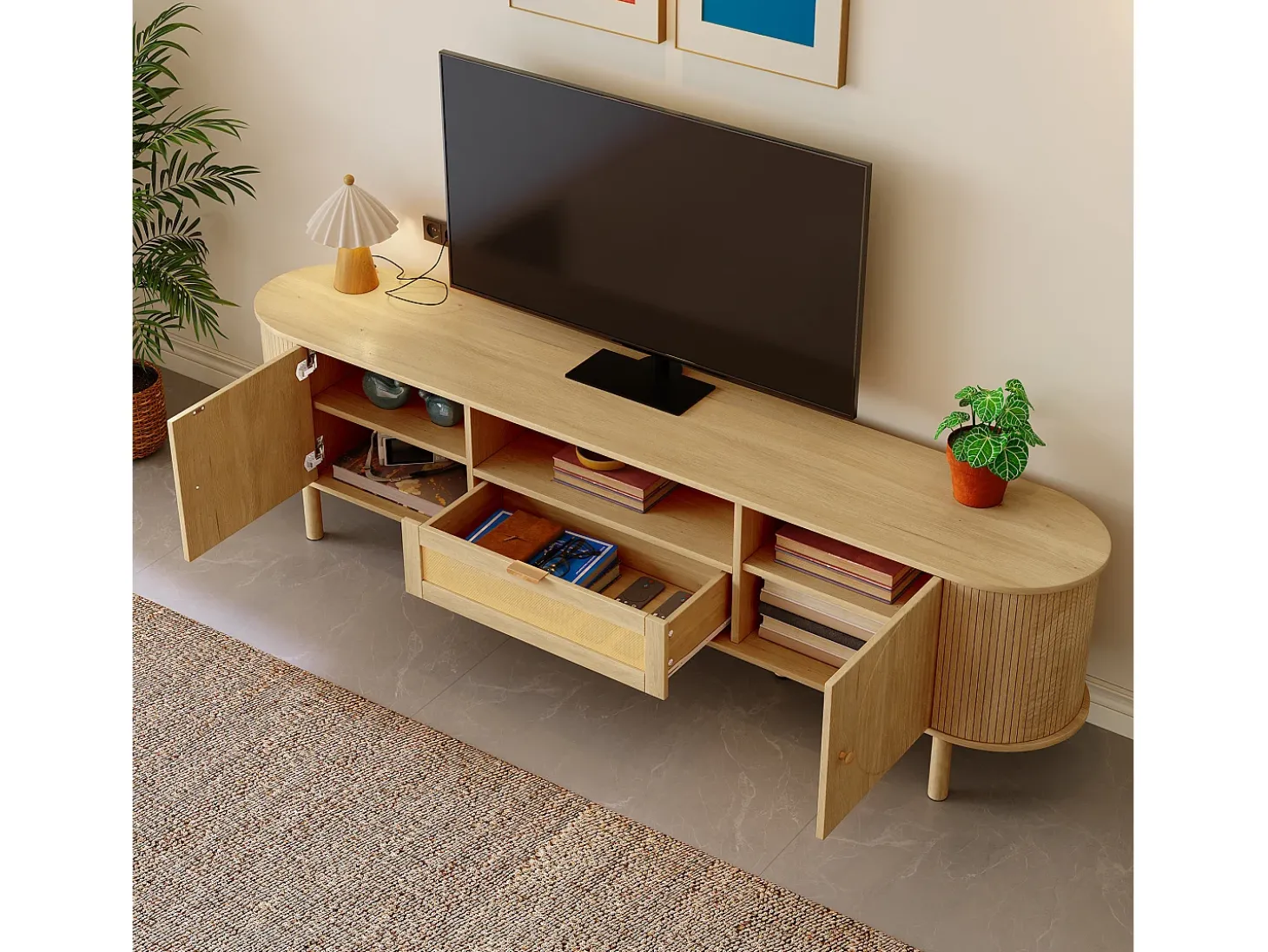 Móvel para TV moderno 175×36×51 cm - com 2 portas e 1 gaveta de vime - prateleiras abertas - natural