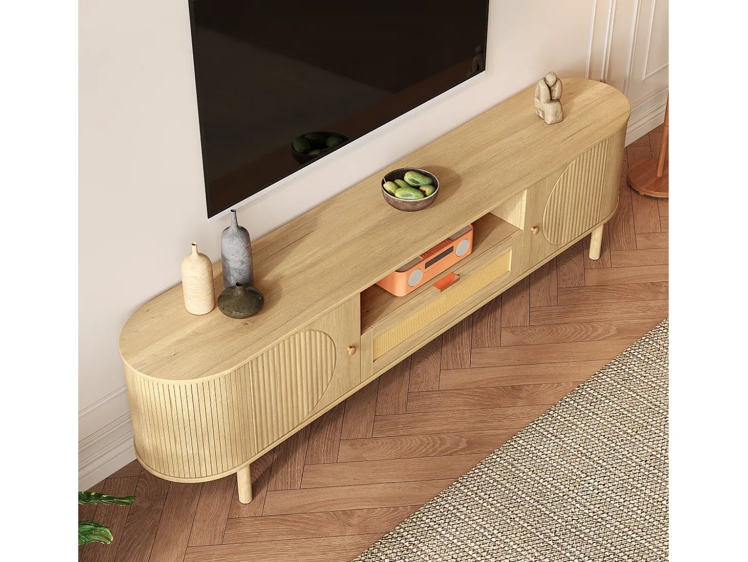Móvel para TV moderno 175×36×51 cm - com 2 portas e 1 gaveta de vime - prateleiras abertas - natural