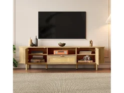 Móvel para TV moderno 175×36×51 cm - com 2 portas e 1 gaveta de vime - prateleiras abertas - natural