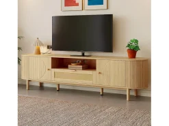 Móvel para TV moderno 175×36×51 cm - com 2 portas e 1 gaveta de vime - prateleiras abertas - natural