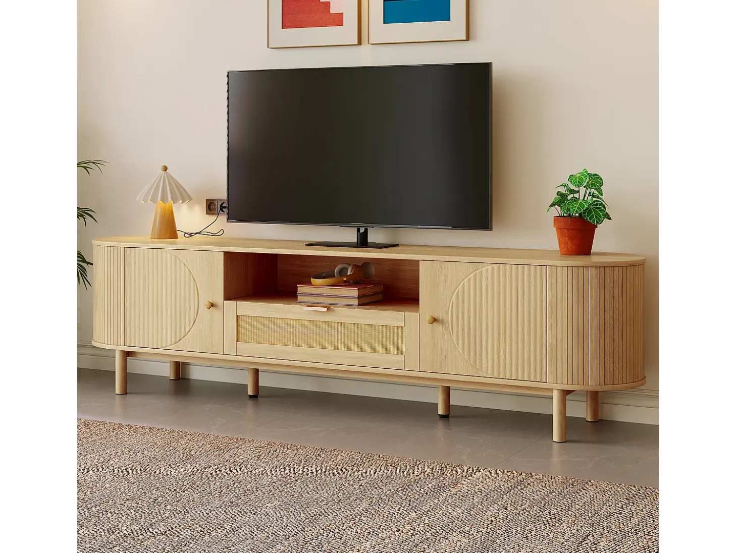 Móvel para TV moderno 175×36×51 cm - com 2 portas e 1 gaveta de vime - prateleiras abertas - natural