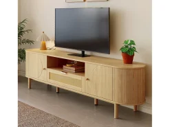 Móvel para TV moderno 175×36×51 cm - com 2 portas e 1 gaveta de vime - prateleiras abertas - natural