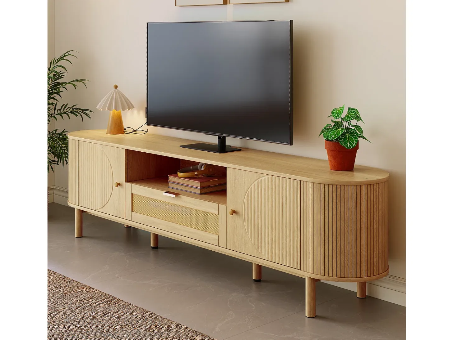 Móvel para TV moderno 175×36×51 cm - com 2 portas e 1 gaveta de vime - prateleiras abertas - natural