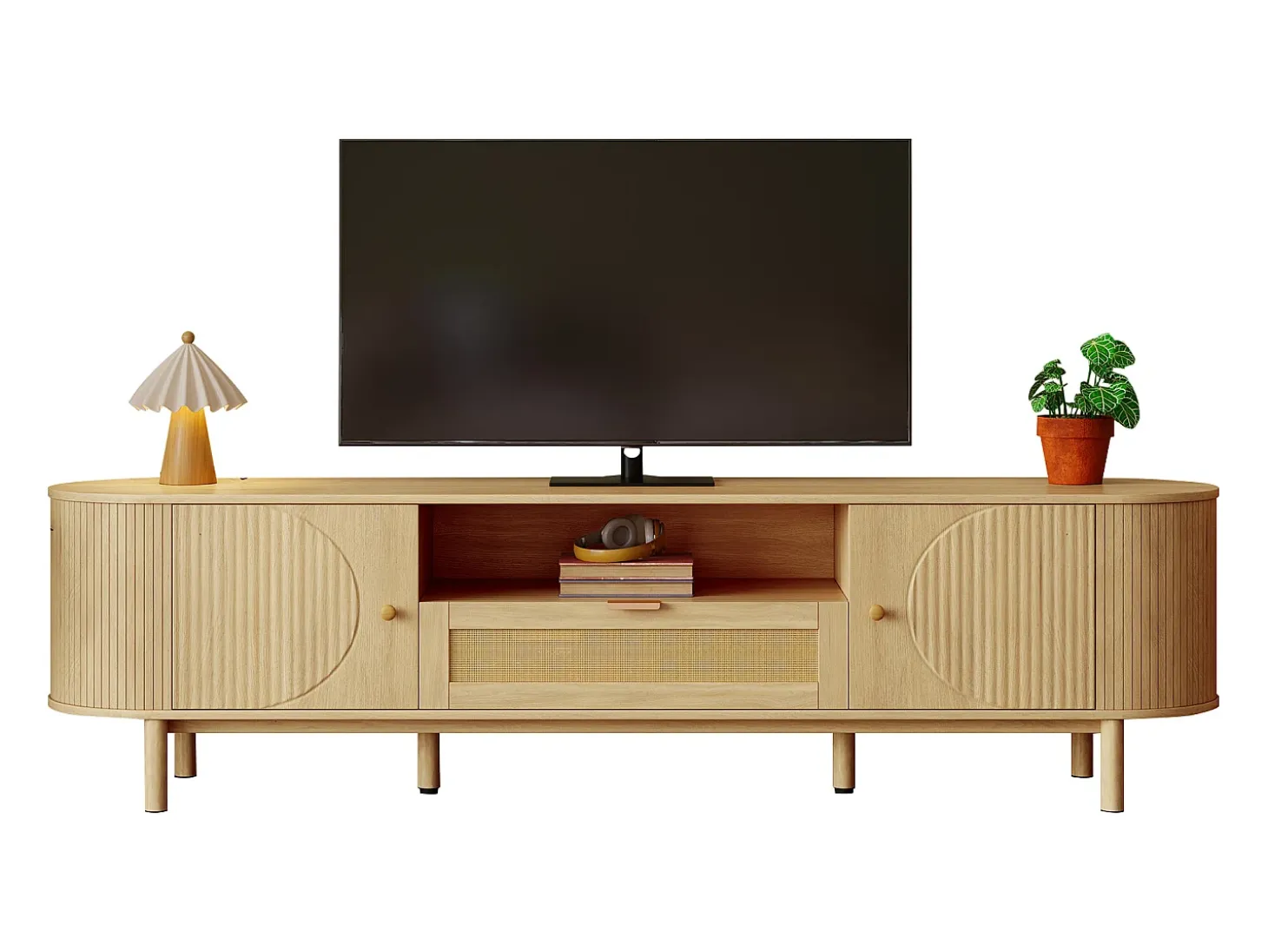 Móvel para TV moderno 175×36×51 cm - com 2 portas e 1 gaveta de vime - prateleiras abertas - natural