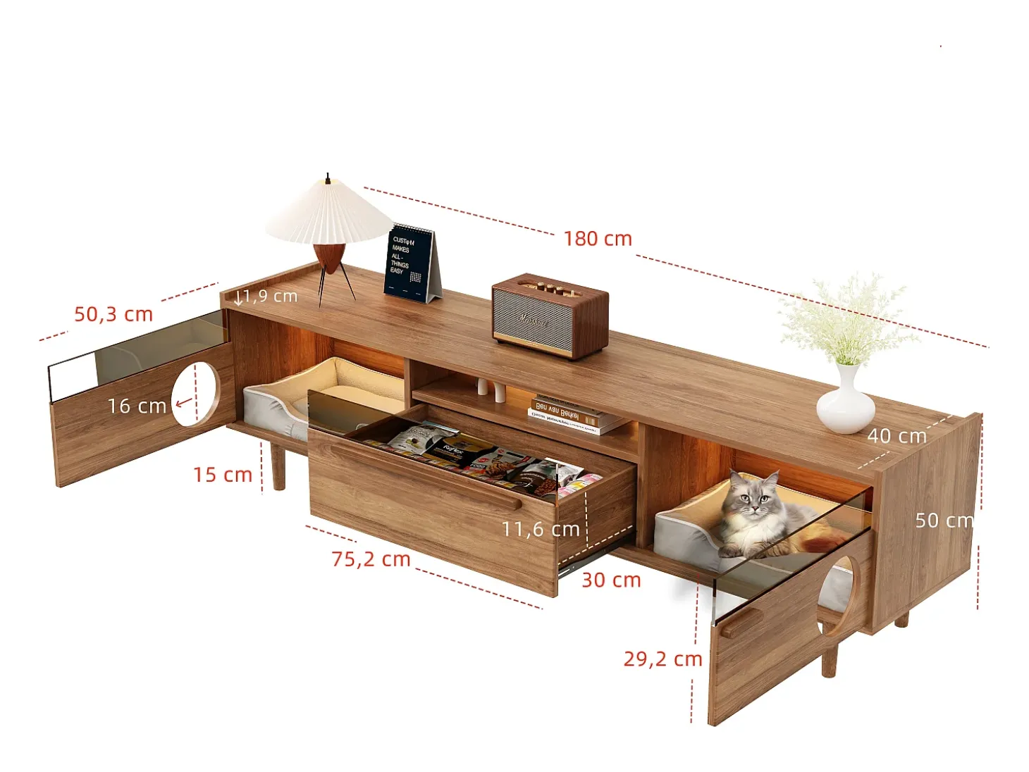 Móvel para TV moderno 180x40x50 cm - espaço de descanso para animais de estimação - com iluminação LED - 1 gaveta e 2 portas - cor natural