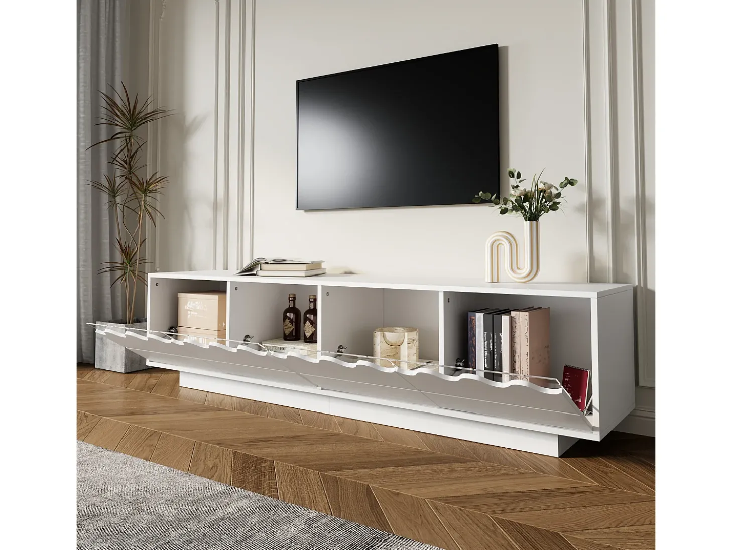 Móvel para TV moderno 170x40x45cm - com 4 portas - design ondulado - MDF + painéis de partículas - Branco