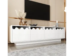 Móvel para TV moderno 170x40x45cm - com 4 portas - design ondulado - MDF + painéis de partículas - Branco