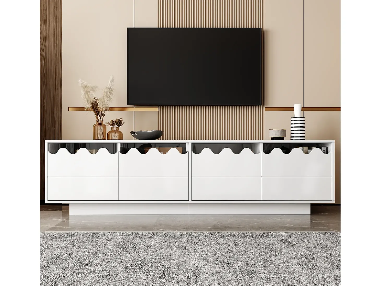 Móvel para TV moderno 170x40x45cm - com 4 portas - design ondulado - MDF + painéis de partículas - Branco