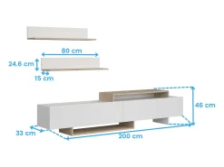 Móvel para TV Orlis com 2 portas e 2 prateleiras, branco fosco, carvalho artesanal, 200x46x33 cm