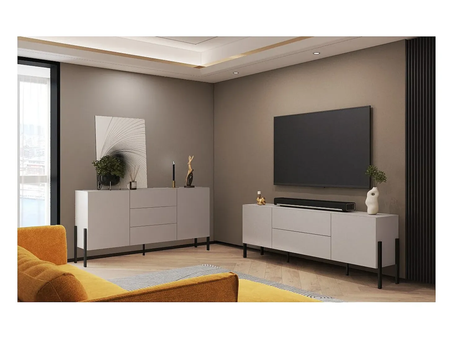 Móvel para TV SALMA – 2 portas & 2 gavetas Push-to-Open – bege & preto fosco, 207×70×40 cm