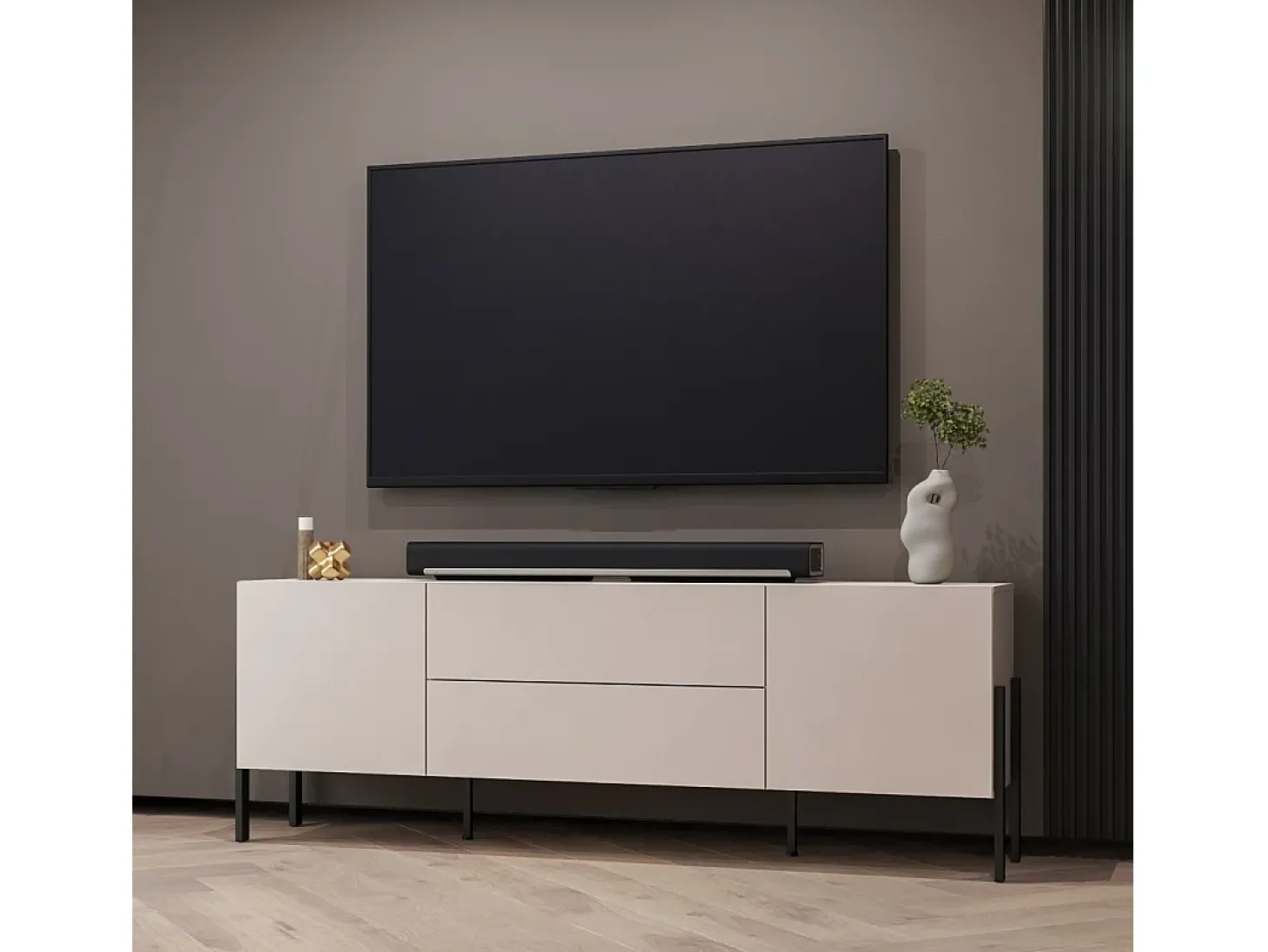 Móvel para TV SALMA – 2 portas & 2 gavetas Push-to-Open – bege & preto fosco, 207×70×40 cm