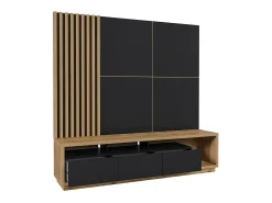 Móvel para TV XL com painel decorativo de parede coleção CLARA. Cor carvalho e preto fosco.