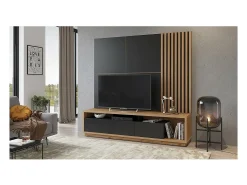 Móvel para TV XL com painel decorativo de parede coleção CLARA. Cor carvalho e preto fosco.