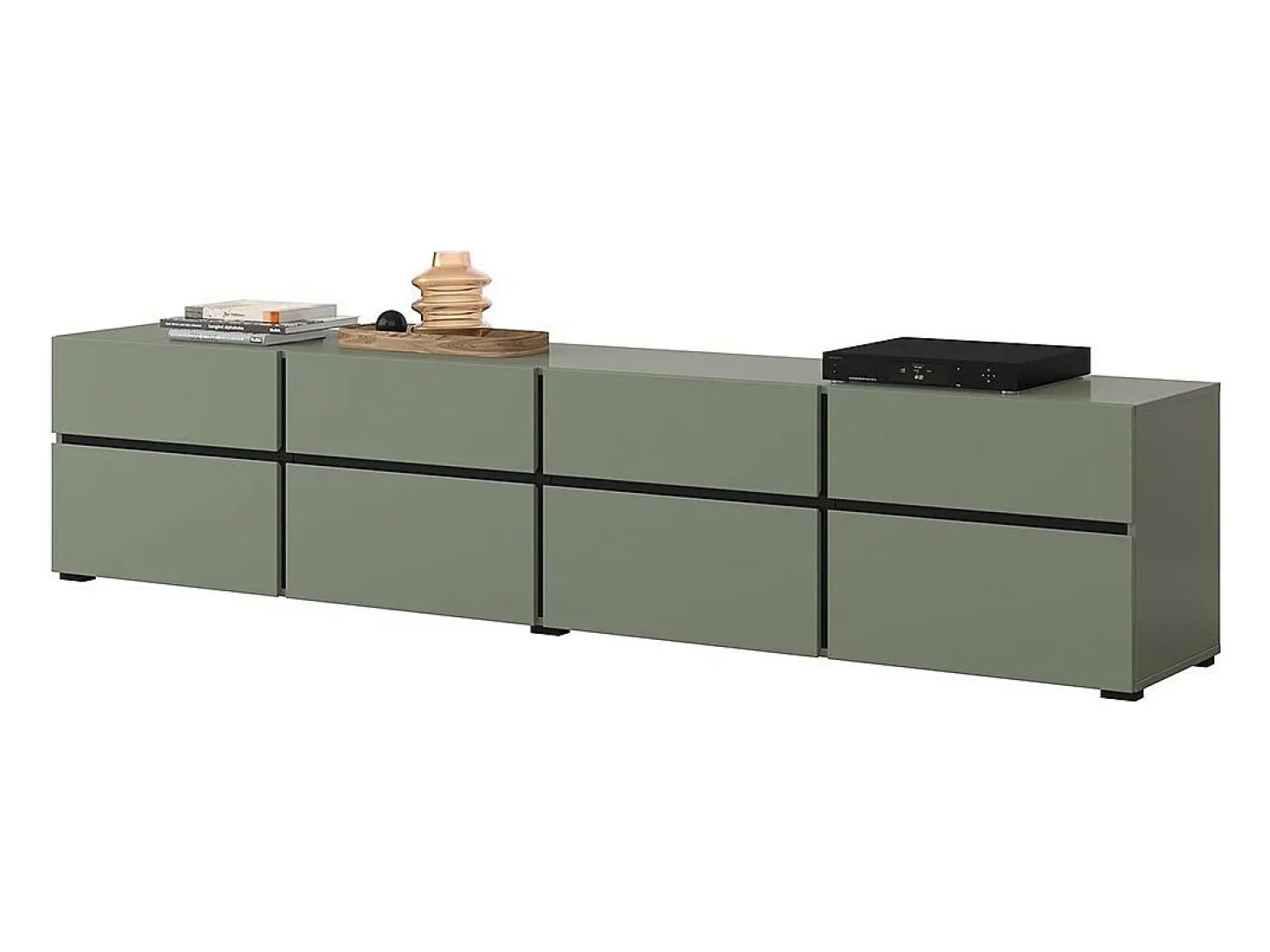 Móvel para TV XL na cor verde sálvia, 225cm, coleção HAVANA. Móvel design com 4 portas e 4 gavetas.