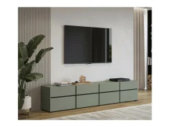Móvel para TV XL na cor verde sálvia, 225cm, coleção HAVANA. Móvel design com 4 portas e 4 gavetas.