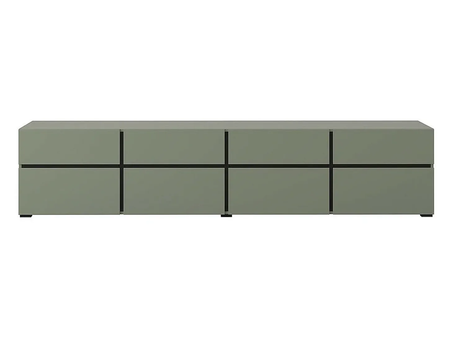 Móvel para TV XL na cor verde sálvia, 225cm, coleção HAVANA. Móvel design com 4 portas e 4 gavetas.