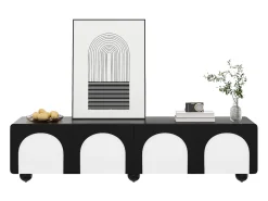 Móvel para TV 180x38x45 cm - 2 gavetas e 2 portas - Design bicor - Pés redondos - MDF + painéis de partículas - Preto e branco