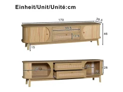 Móvel para TV 170x40x46 cm - 2 gavetas e 2 portas - grão de madeira natural + Rattan - MDF - Natural