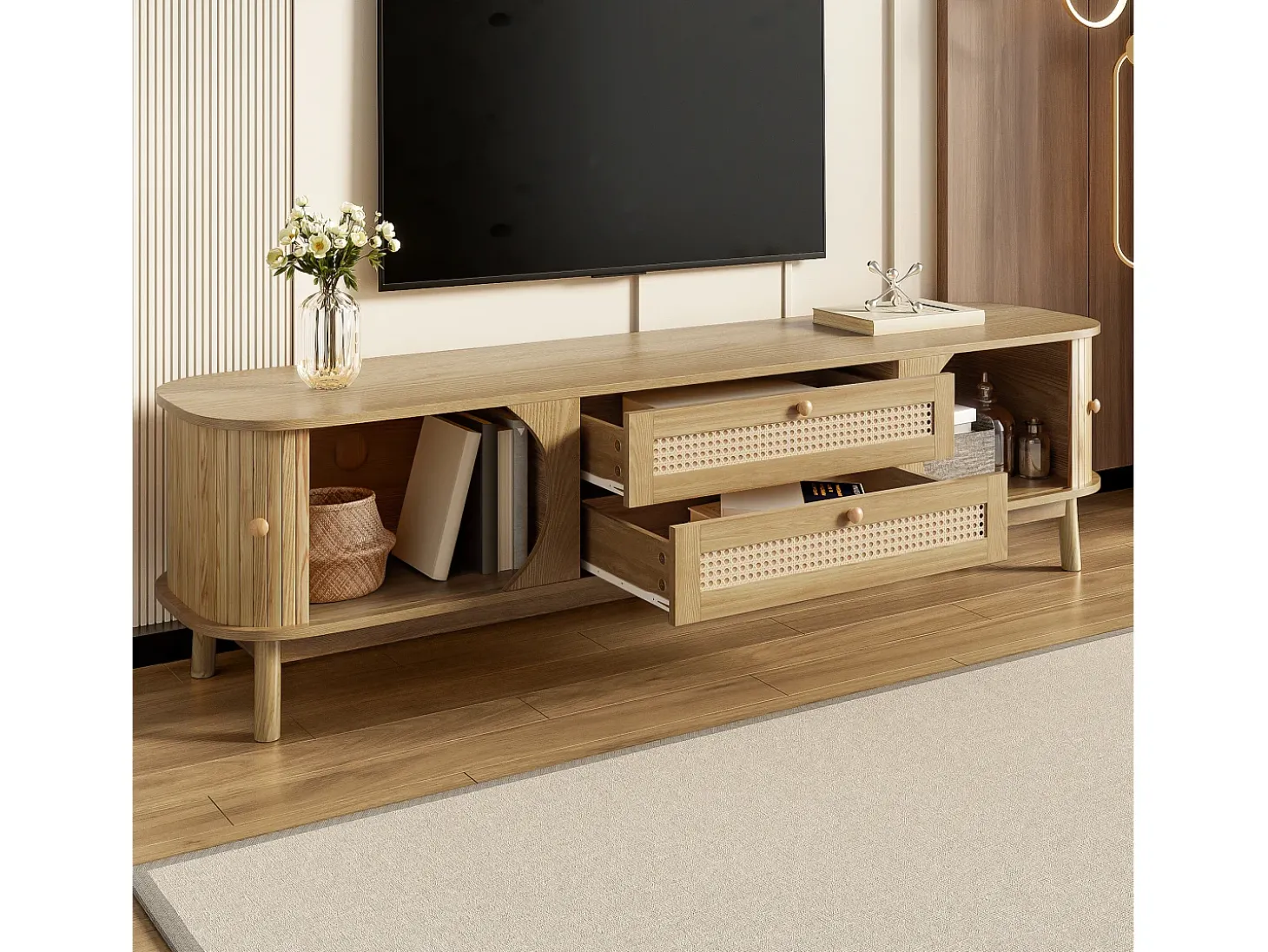 Móvel para TV 170x40x46 cm - 2 gavetas e 2 portas - grão de madeira natural + Rattan - MDF - Natural