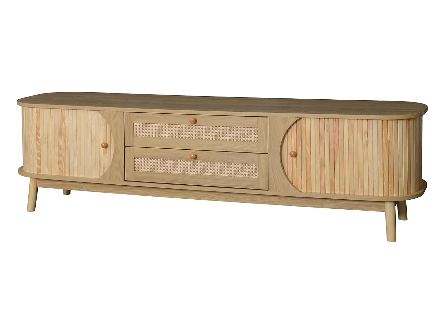 Móvel para TV 170x40x46 cm - 2 gavetas e 2 portas - grão de madeira natural + Rattan - MDF - Natural