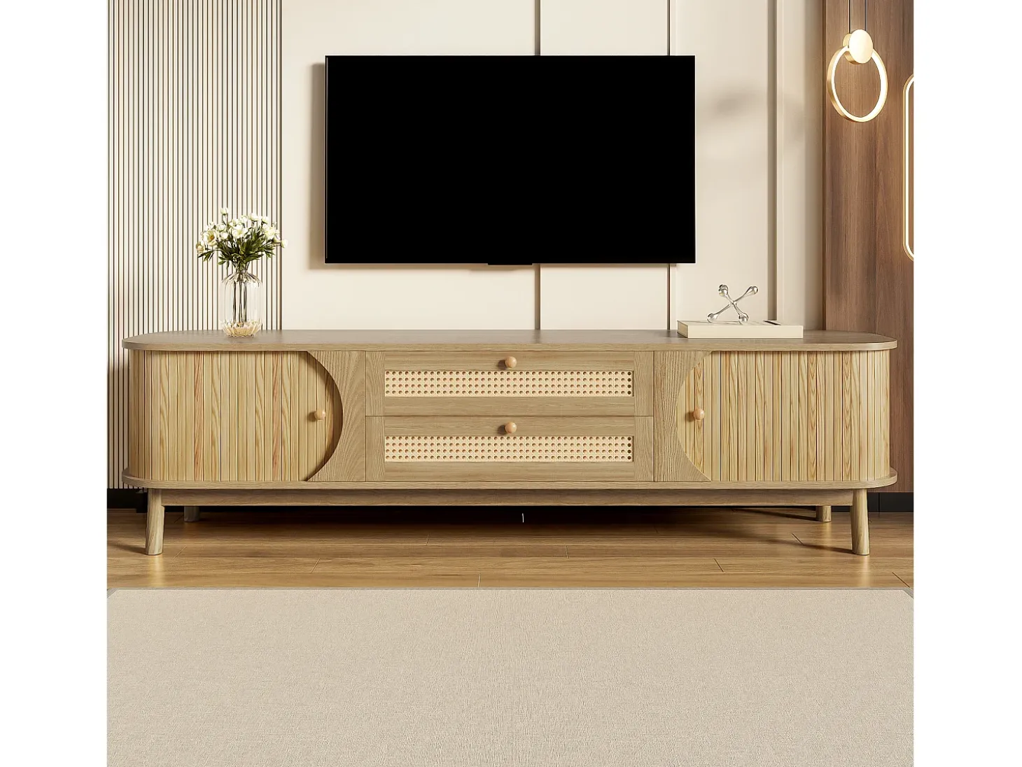Móvel para TV 170x40x46 cm - 2 gavetas e 2 portas - grão de madeira natural + Rattan - MDF - Natural