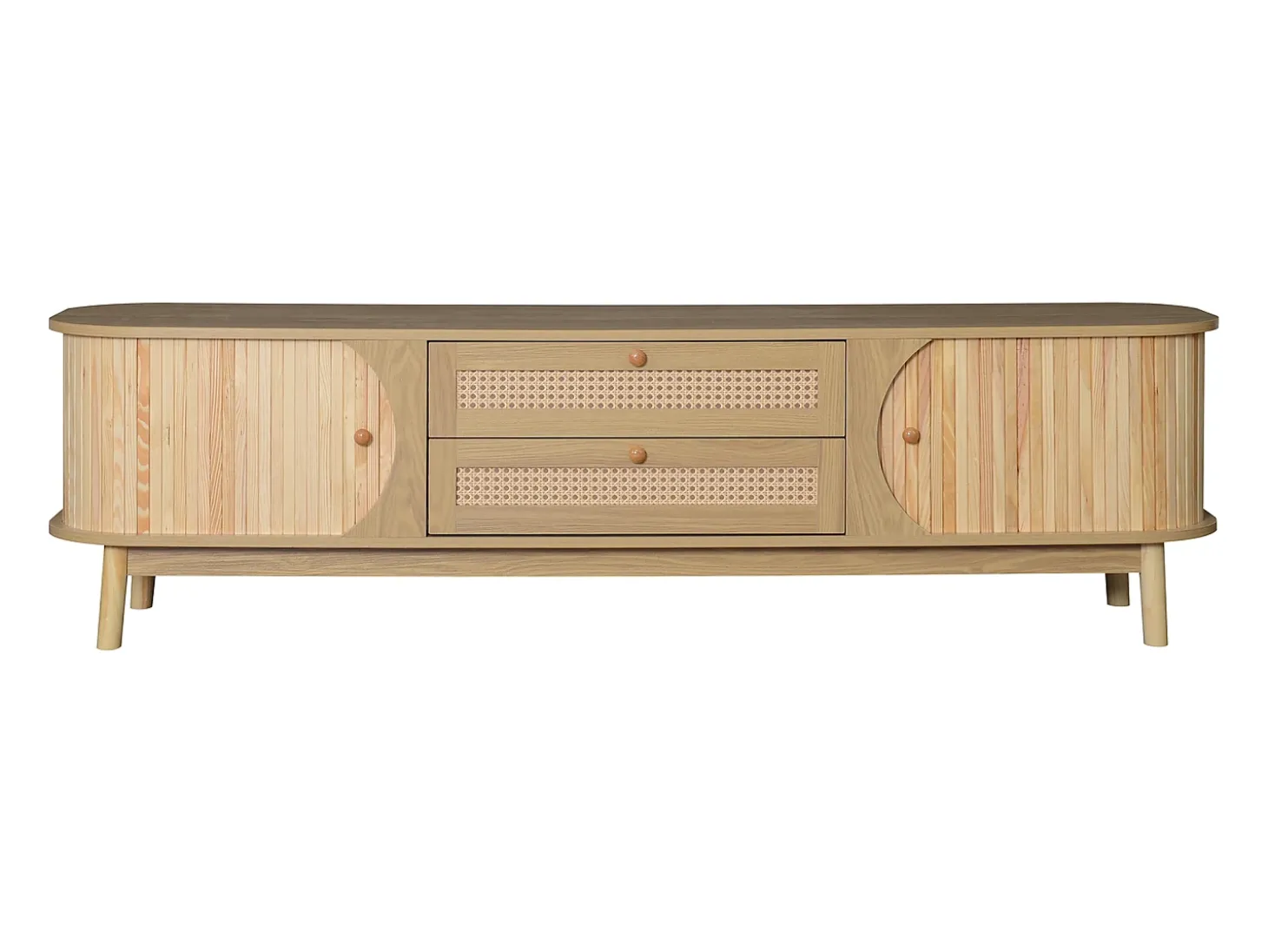 Móvel para TV 170x40x46 cm - 2 gavetas e 2 portas - grão de madeira natural + Rattan - MDF - Natural