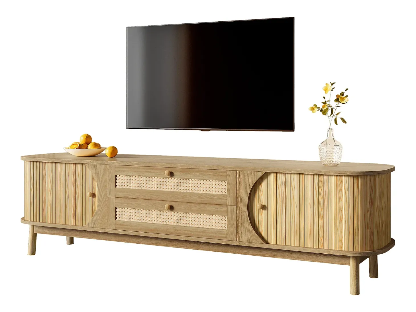 Móvel para TV 170x40x46 cm - 2 gavetas e 2 portas - grão de madeira natural + Rattan - MDF - Natural