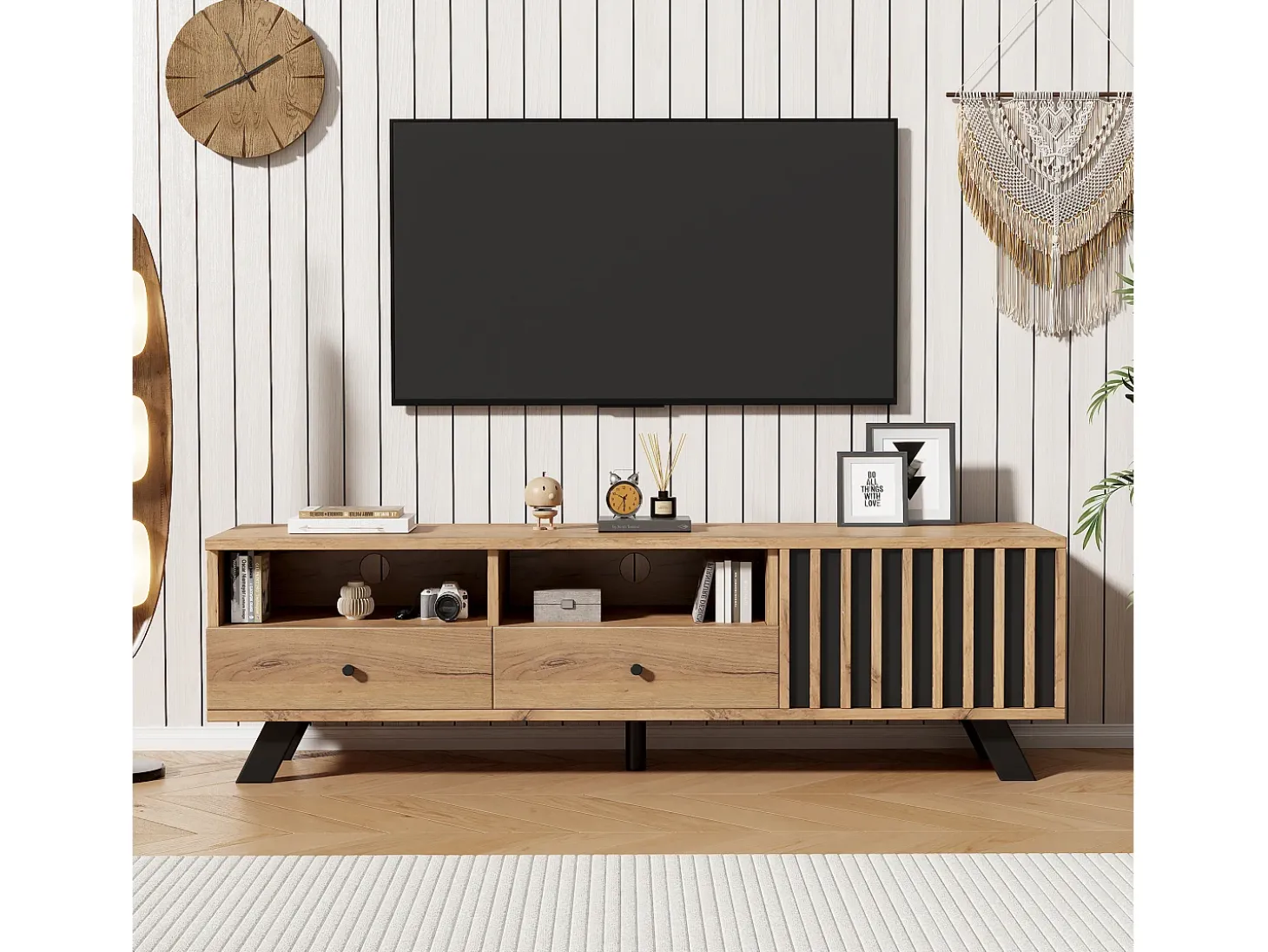 Móvel para TV 150x38x44 cm - 2 gavetas e 1 porta - 2 compartimentos semiabertos - para TV de 60 polegadas - natural