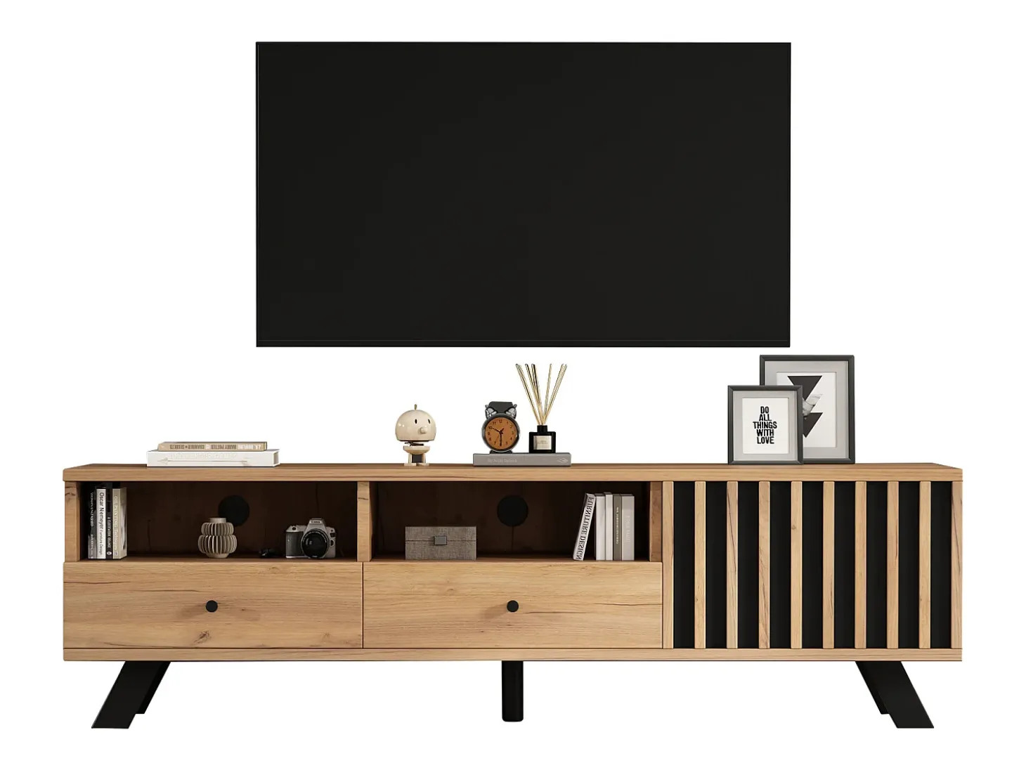 Móvel para TV 150x38x44 cm - 2 gavetas e 1 porta - 2 compartimentos semiabertos - para TV de 60 polegadas - natural