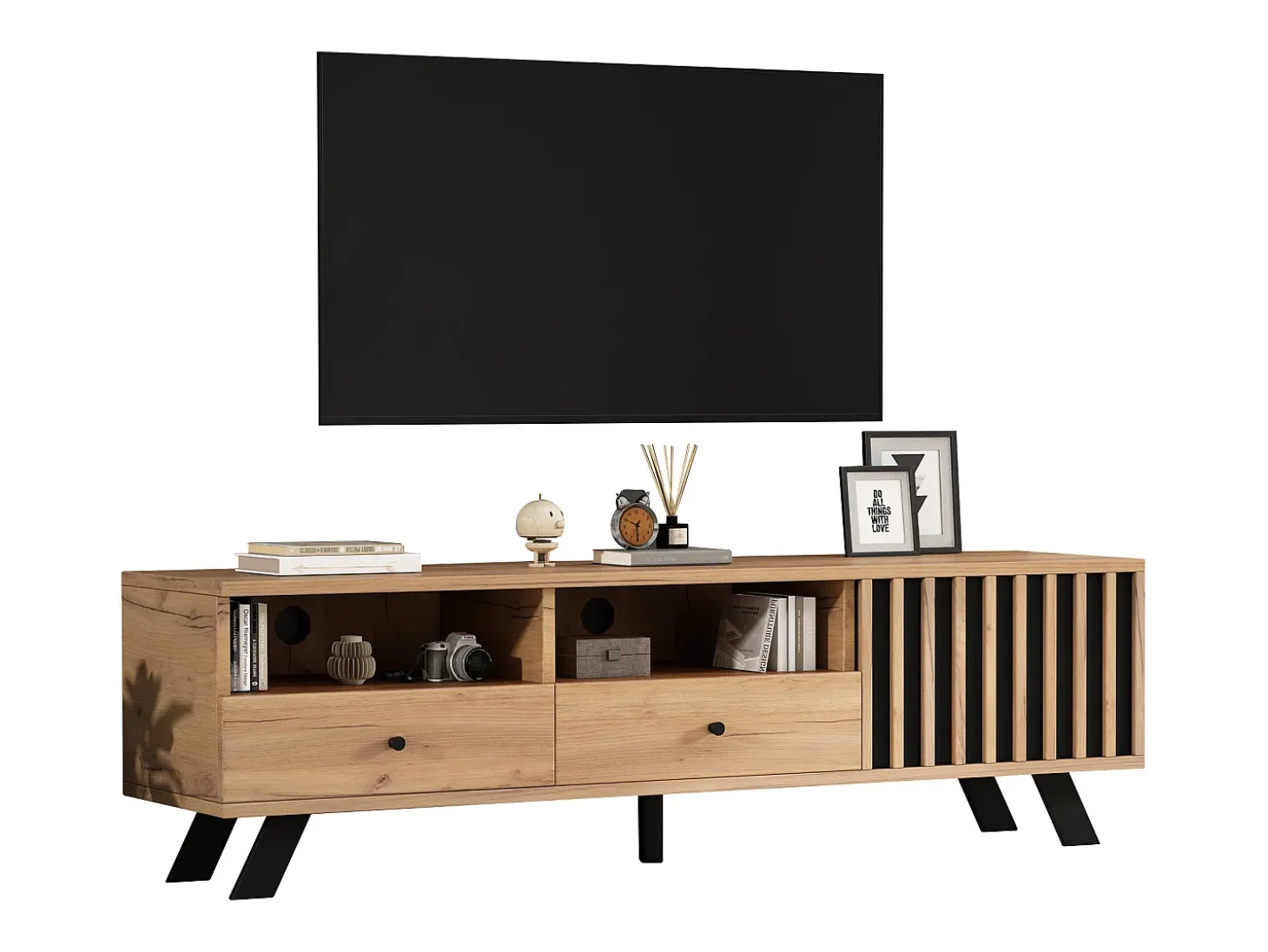 Móvel para TV 150x38x44 cm - 2 gavetas e 1 porta - 2 compartimentos semiabertos - para TV de 60 polegadas - natural