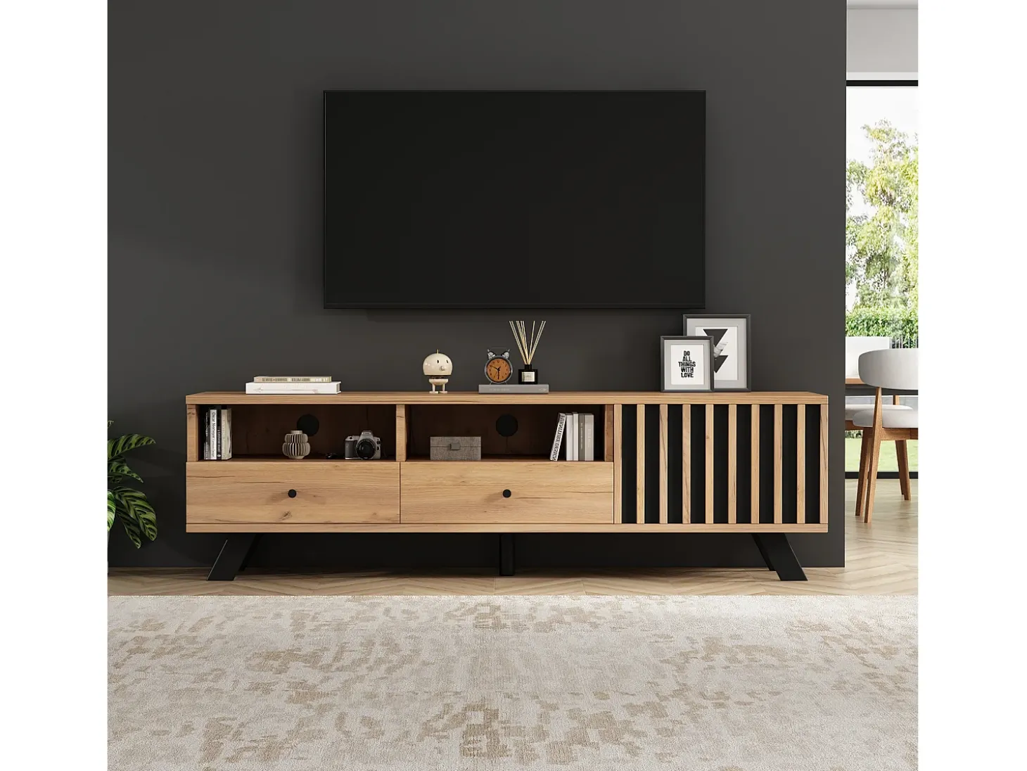 Móvel para TV 150x38x44 cm - 2 gavetas e 1 porta - 2 compartimentos semiabertos - para TV de 60 polegadas - natural