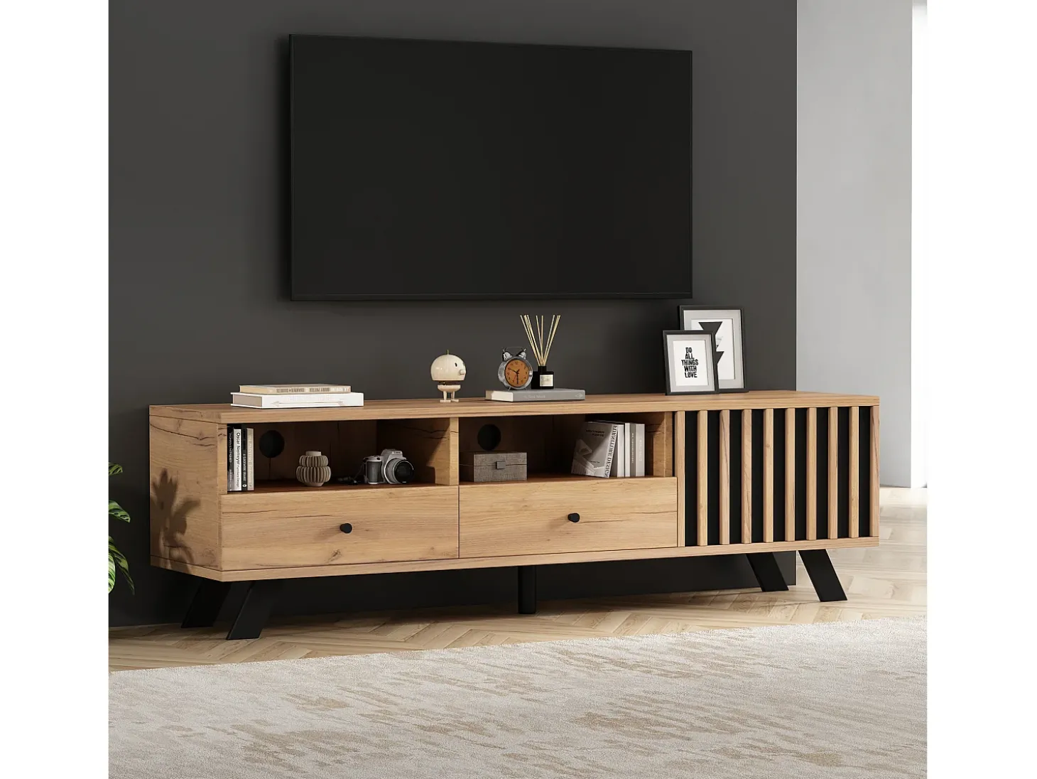 Móvel para TV 150x38x44 cm - 2 gavetas e 1 porta - 2 compartimentos semiabertos - para TV de 60 polegadas - natural