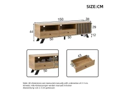Móvel para TV 150x38x44 cm - 2 gavetas e 1 porta - 2 compartimentos semiabertos - para TV de 60 polegadas - natural