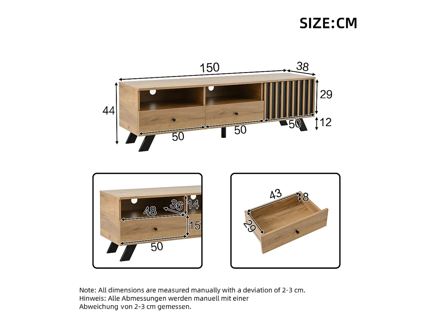 Móvel para TV 150x38x44 cm - 2 gavetas e 1 porta - 2 compartimentos semiabertos - para TV de 60 polegadas - natural