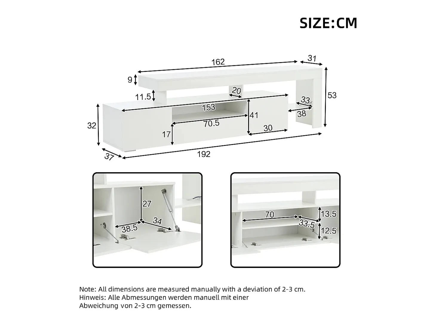 Móvel para TV 192x37x53 cm - 3 portas basculantes - com LED - Armazenamento semiaberto - Acabamento brilhante - Branco