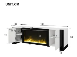 Móvel para TV 165x32x55 cm - 2 portas - Com lareira elétrica efeito chama - Sem aquecimento - Branco + Preto