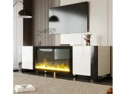 Móvel para TV 165x32x55 cm - 2 portas - Com lareira elétrica efeito chama - Sem aquecimento - Branco + Preto