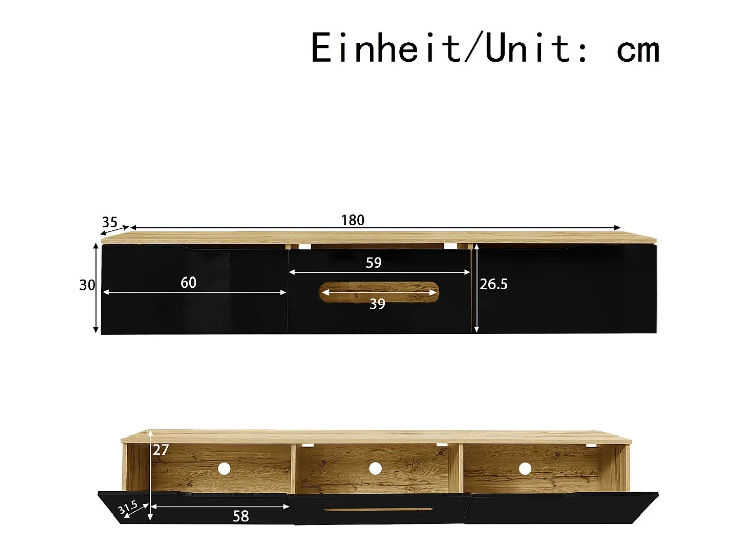Móvel para TV 180x35x30 cm - acabamento brilhante - com iluminação LED 16 cores - montagem em parede - preto + natural