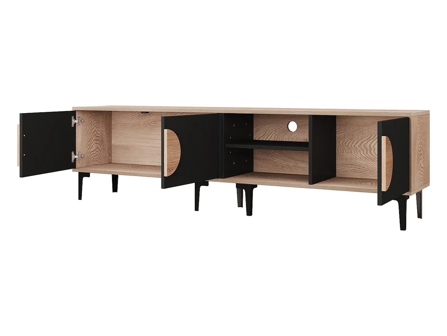 Móvel para TV 180x35x49 cm - com 3 portas - Prateleiras abertas - Painéis de partículas - Natural e preto