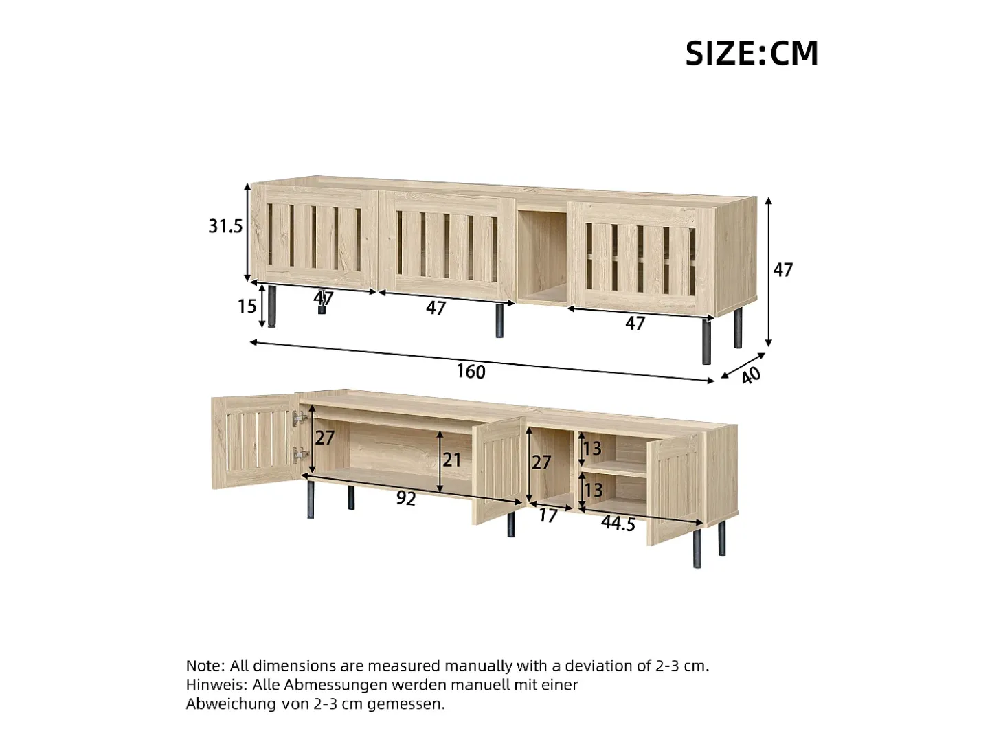 Móvel para TV 160x40x47 cm - com 3 portas - Design vazado - MDF + metal - Natural