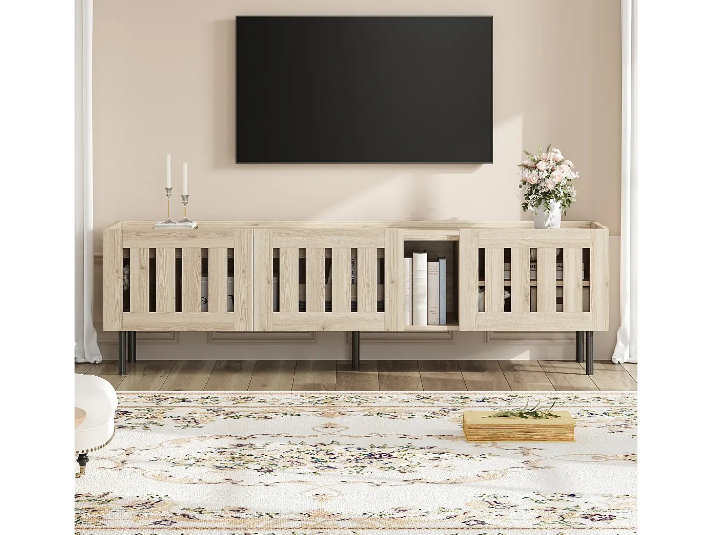 Móvel para TV 160x40x47 cm - com 3 portas - Design vazado - MDF + metal - Natural