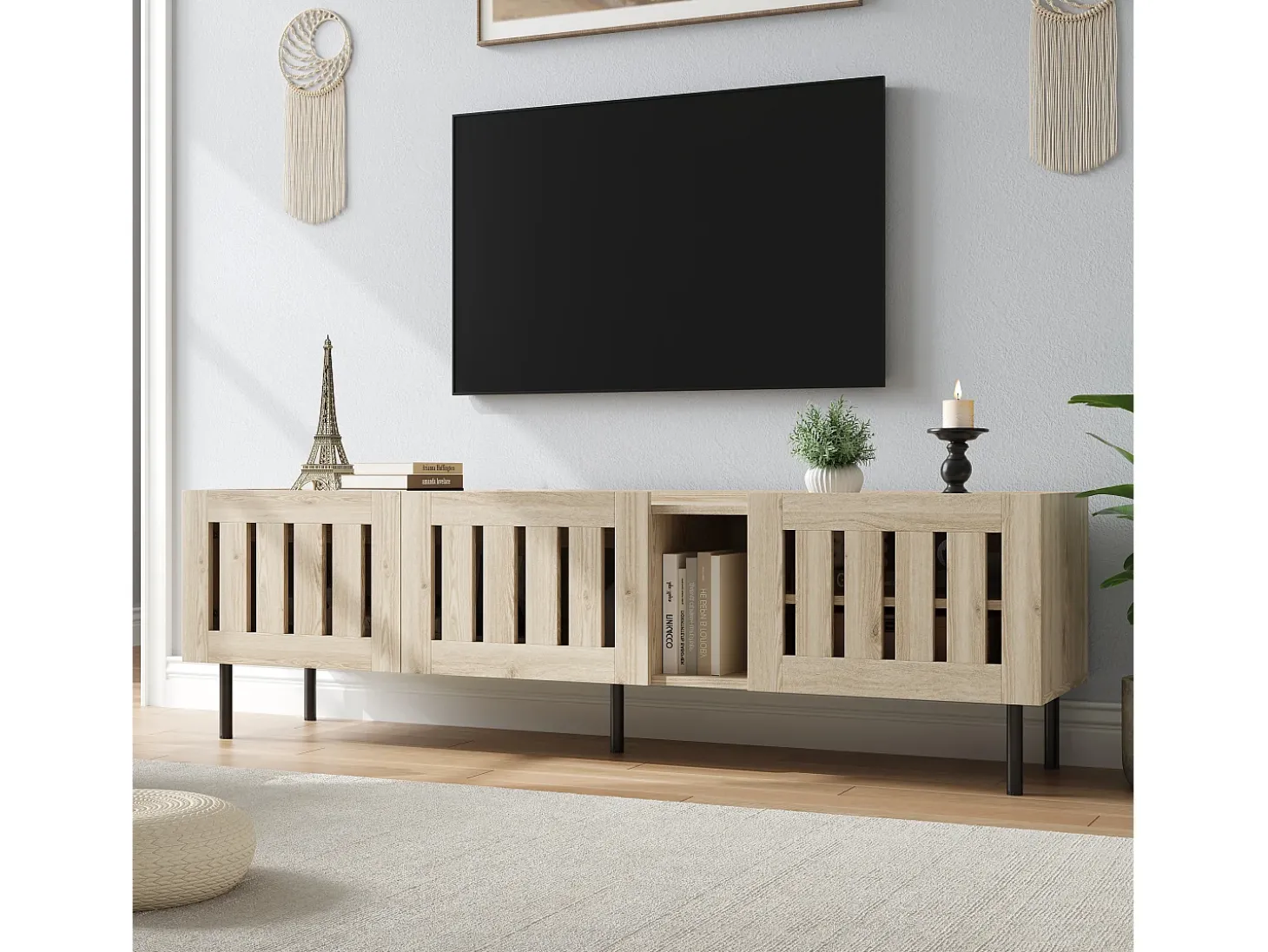 Móvel para TV 160x40x47 cm - com 3 portas - Design vazado - MDF + metal - Natural