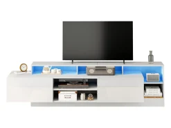 Móvel para TV 190x40x48,5 cm - com iluminação LED - 2 portas basculantes - Espaço de armazenamento aberto - Acabamento brilhante - Branco