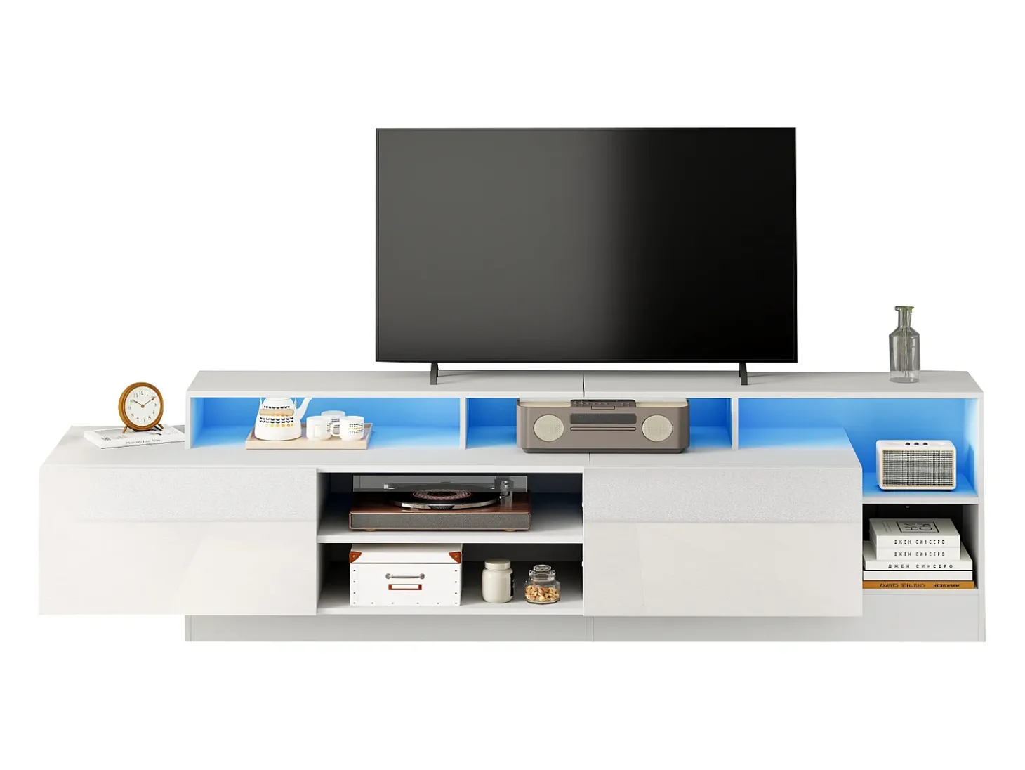 Móvel para TV 190x40x48,5 cm - com iluminação LED - 2 portas basculantes - Espaço de armazenamento aberto - Acabamento brilhante - Branco